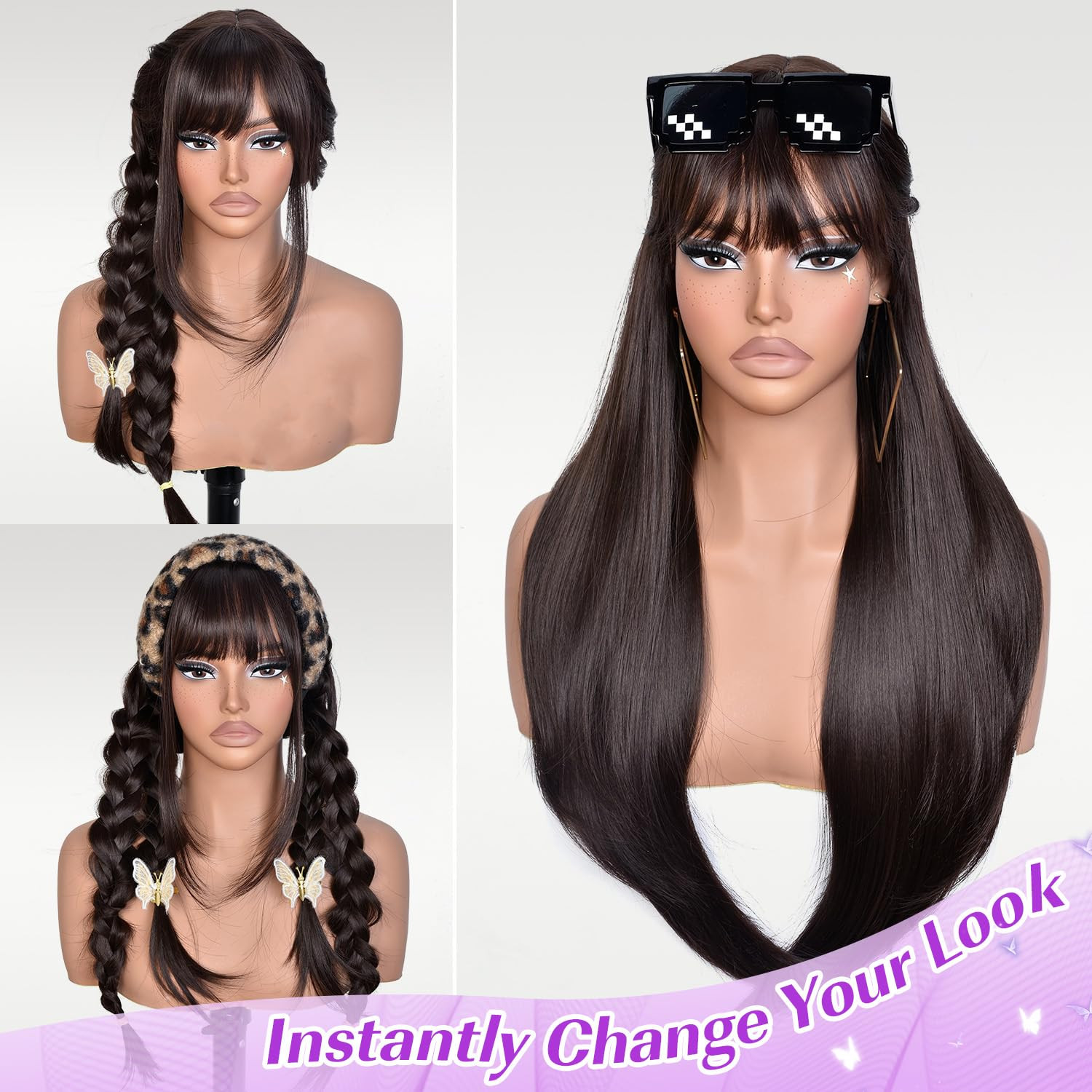 Long Layered Brown Wig with Bangs Straight Synthetic Wigs for Women 26 Inch | Be