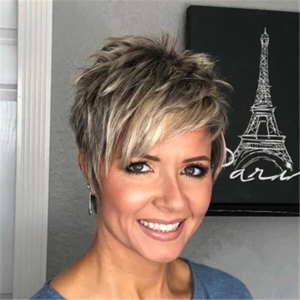 Women Pixie Cut Wigs Ash Blonde Mixed Gray Short Pixie Haitcuts Synthetic Wigs