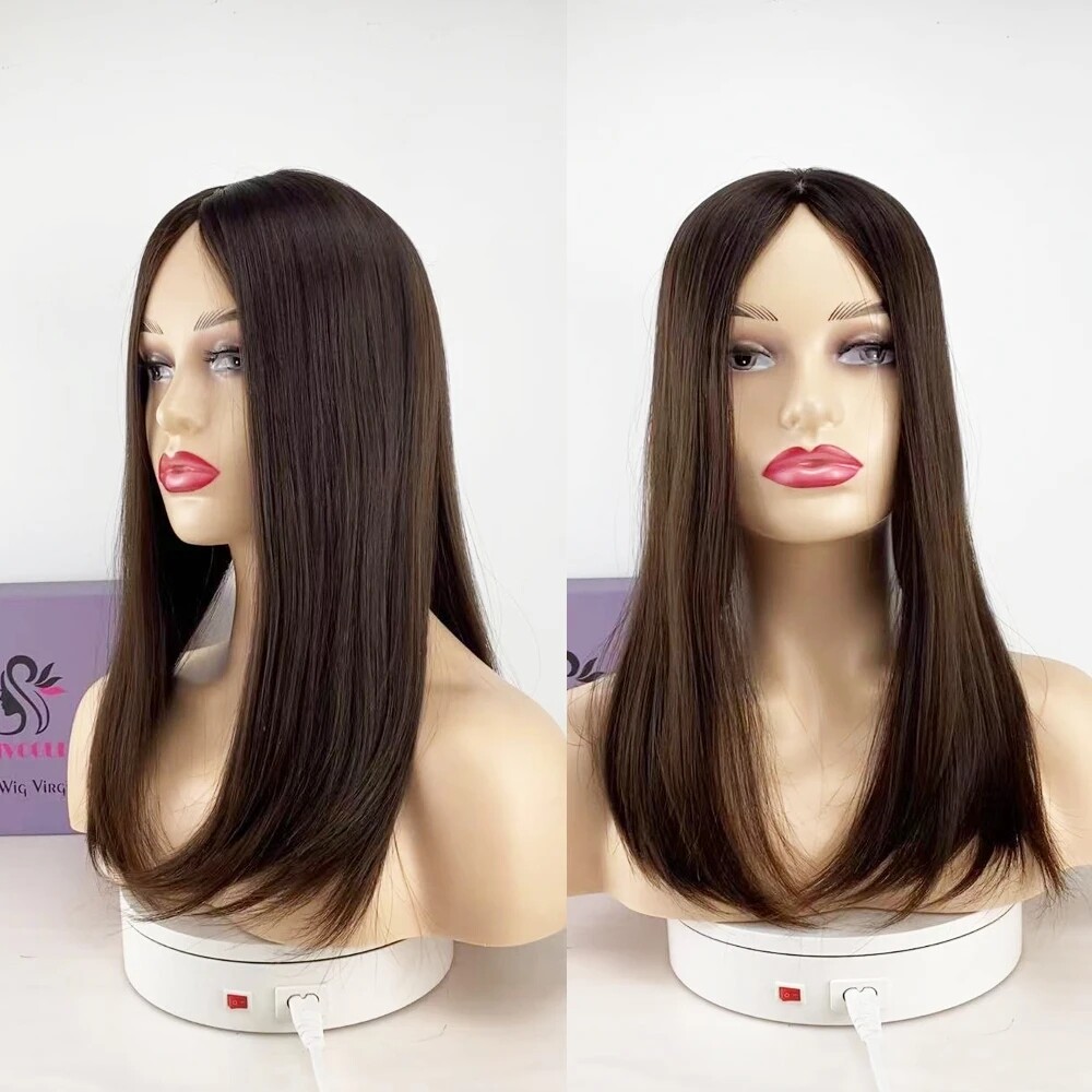 Brown Virgin Human Hair Jewish Topper Silk Base Kosher Sheitel HairPiece Women