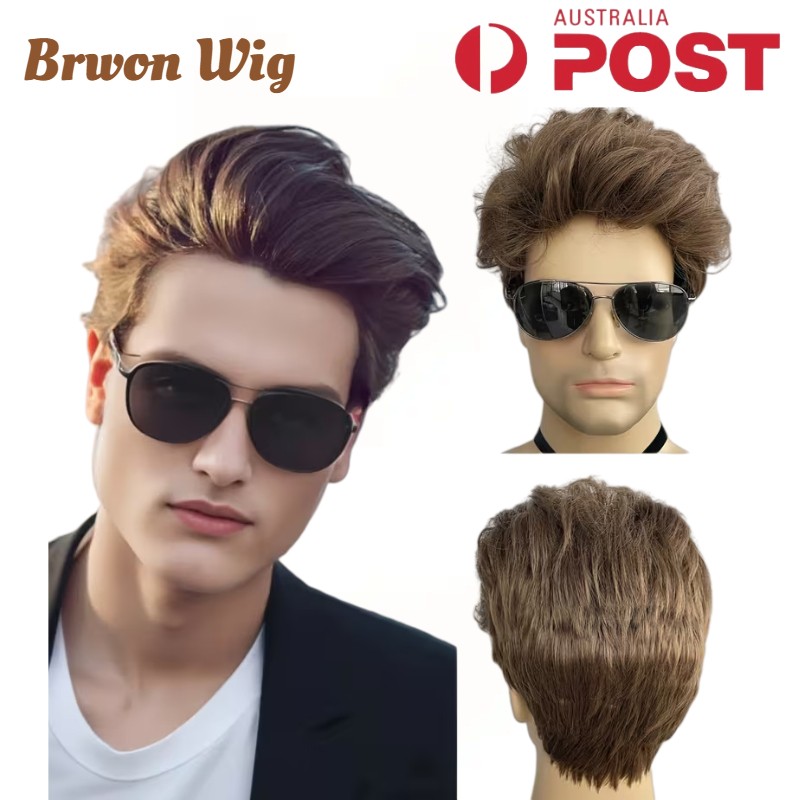 Men Wig Brown Layered Short Beanie Hairpiece Universal Male Cosplay Glueless Wig
