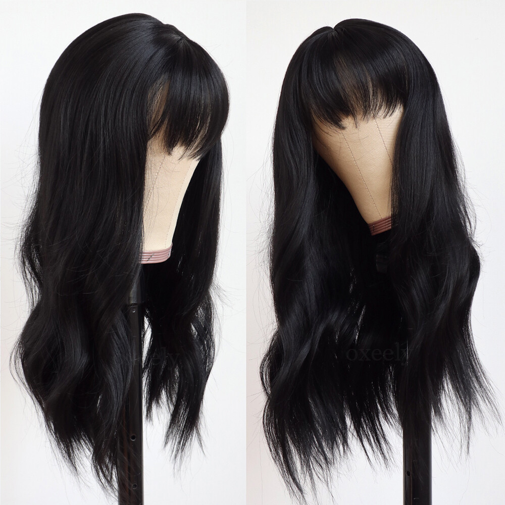 Cosplay Wig With Bangs Heat Resistant Hair Long Wavy Layered Women Black