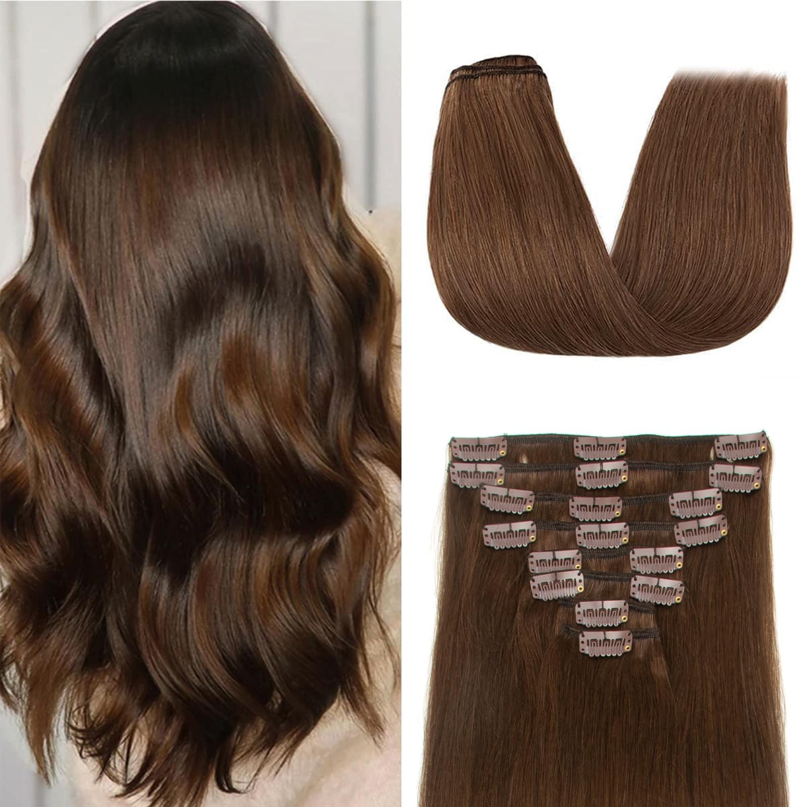 Real Human Hair Clip-In Extensions 8pcs 70g 20″ Medium Brown Seamless Straight