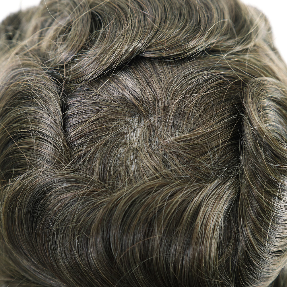 Mens Toupee Thin Skin Human Hair Replacement System 0.08mm Knotted Hair Pieces