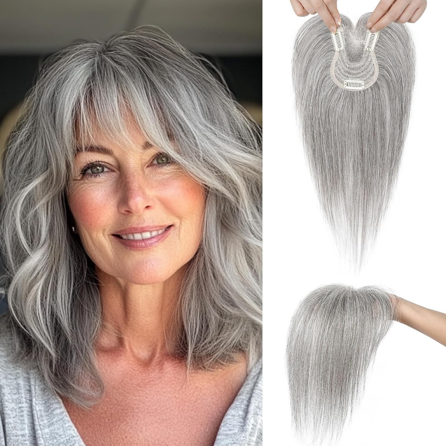 Gray Mixed Black 100% Real Human Hair 10in Clip In Wispy Bangs Hair Topper