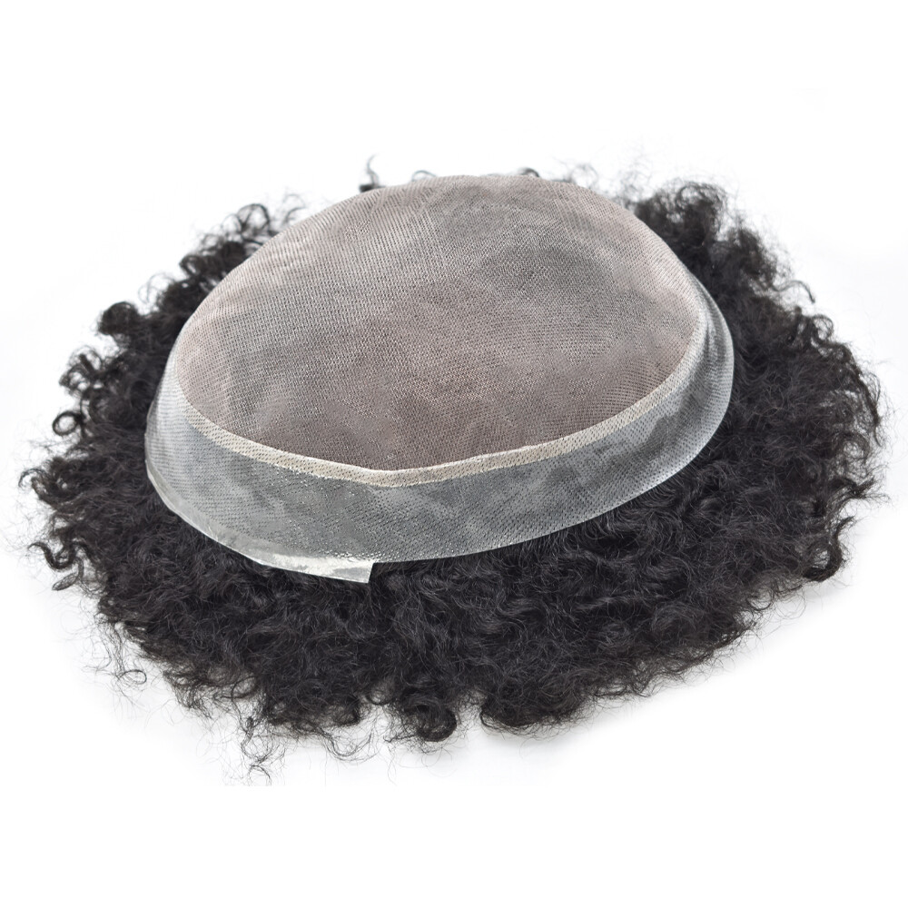 Mens Toupee Hairpiece Afro Curly Human Hair System Monofilament Wig for Men 6MM