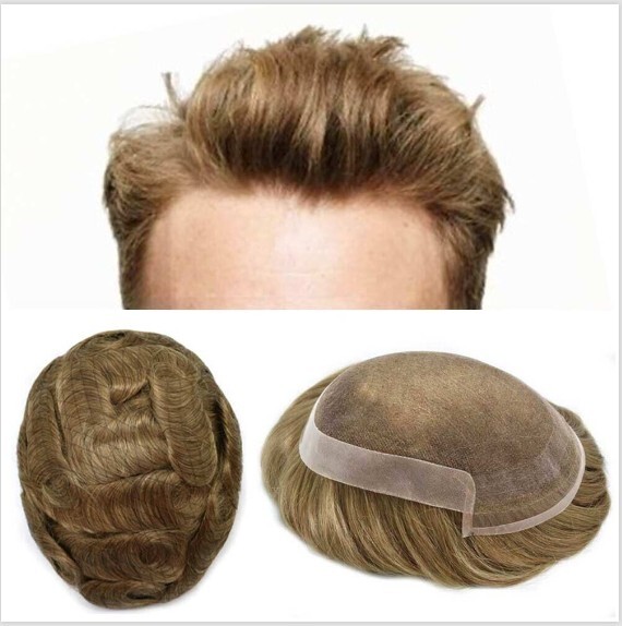 French Lace Front Mens Toupee Poly Skin Hairpieces Human Hair Replacement System