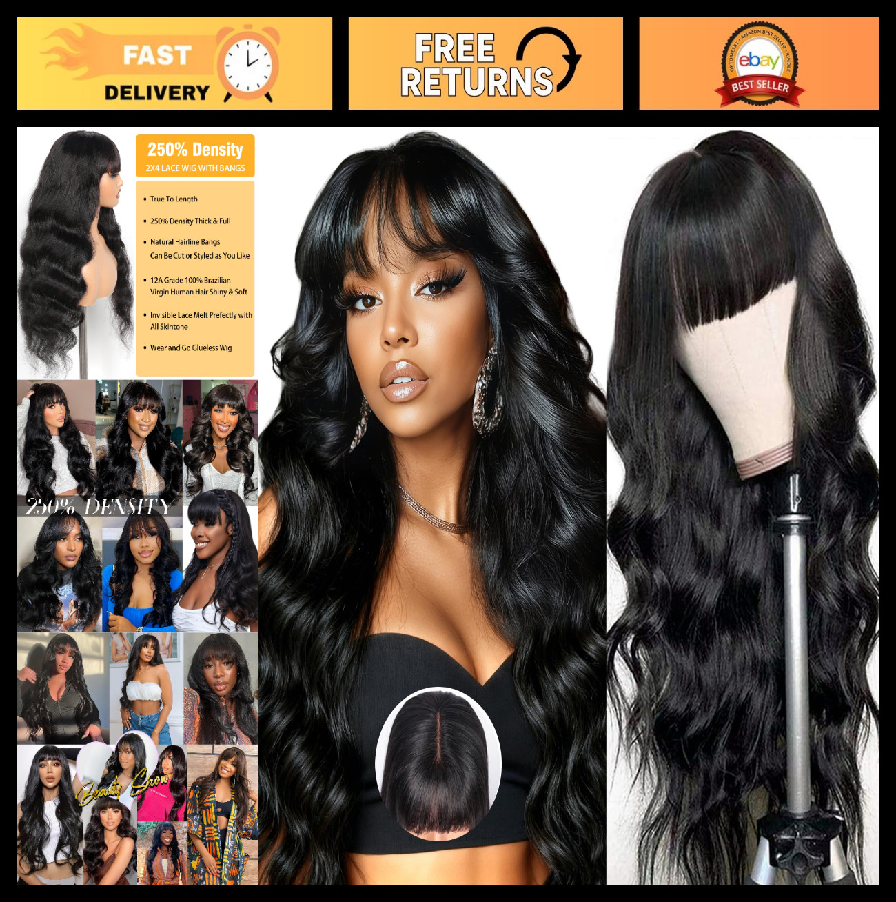250 Density 20″ Body Wave HD Lace Front Wig with Bangs – Glueless, Human Hair fo