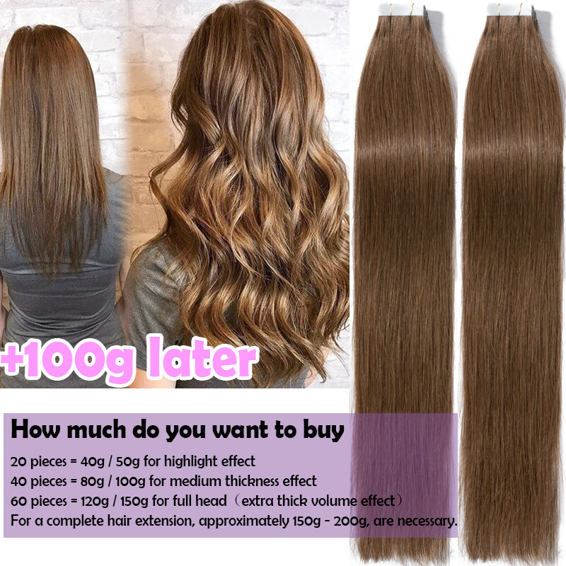 Brown Seamless Thick Tape In Remy Human Hair Extensions Skin Weft Full Head 150g