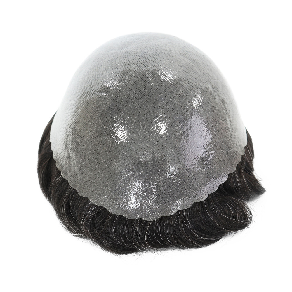 Mens Human Hair Replacement System Poly Skin Toupee Scalloped Hairpieces #1B10