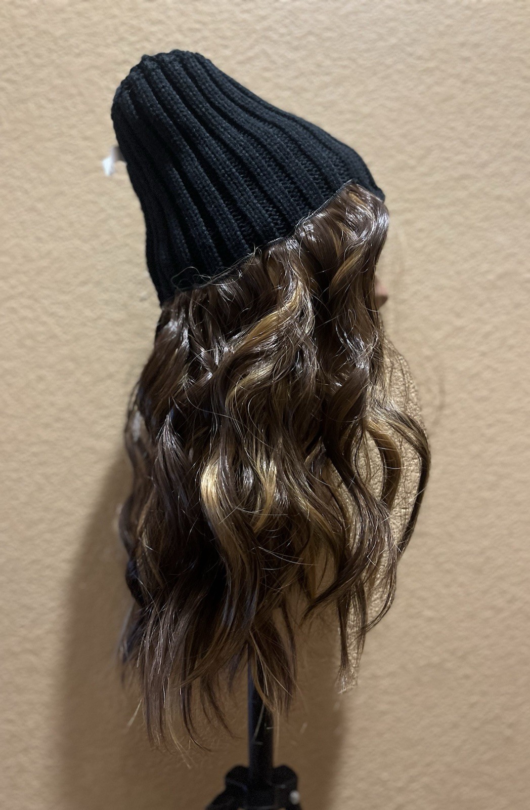 Dark Brown Highlighted Wavy Synthetic Beanie Wig | Detachable Faux Fur Pom Pom