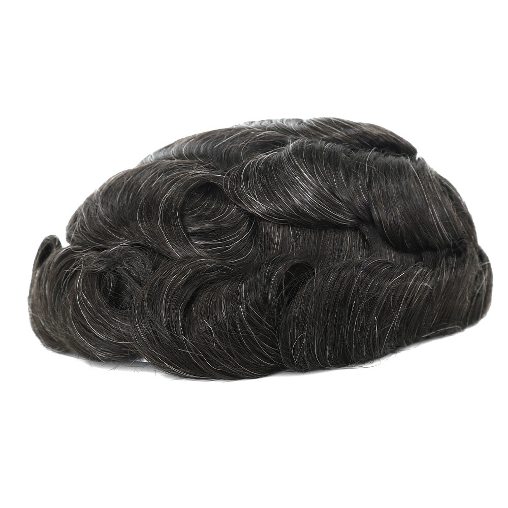 Mens Human Hair Replacement System Poly Skin Toupee Scalloped Hairpieces #1B10