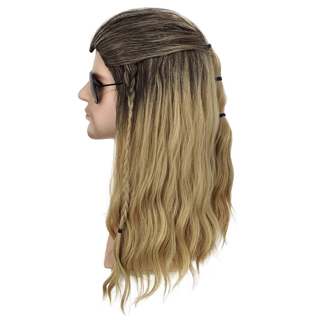 Men Long Curly Wave Wigs Male Cosplay Hair Ombre Ash Blonde Costume Toupee w/Cap