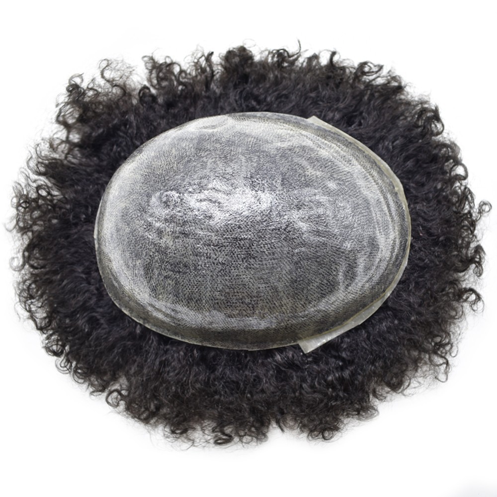 Afro Curl Toupee for Black Men Full PU Human Hair System Kinky Curly Hair Units