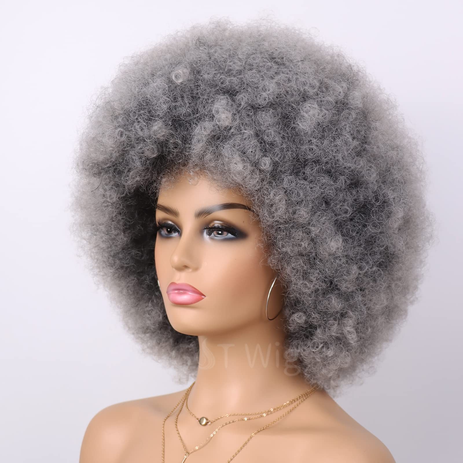 70s Dark Grey Afro Curly Wigs for Unisex Men Women Glueless Wear and Go Wig L…