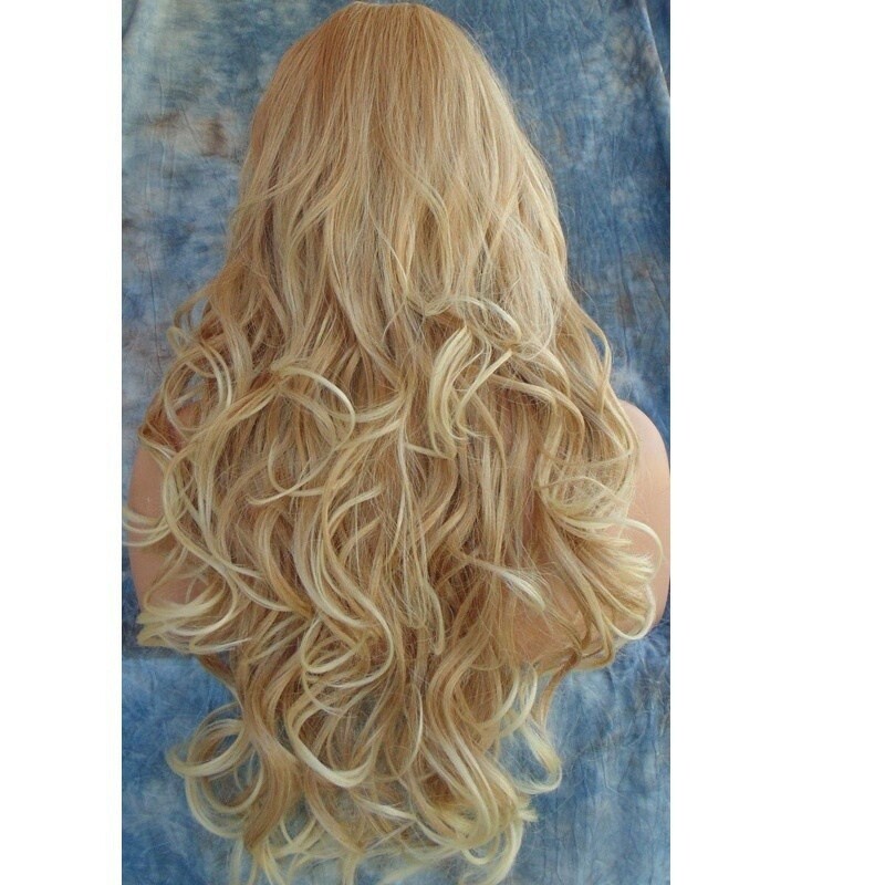 Long Curly Blonde Mix Lace Front Human Hair Blend Wigs Heat Ok Women Natural Wig