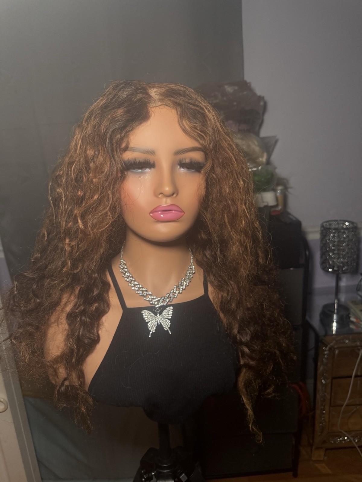 100% Human Hair 4×4 Lace Closure Wig Brown Curly Pre-Plucked 24-26