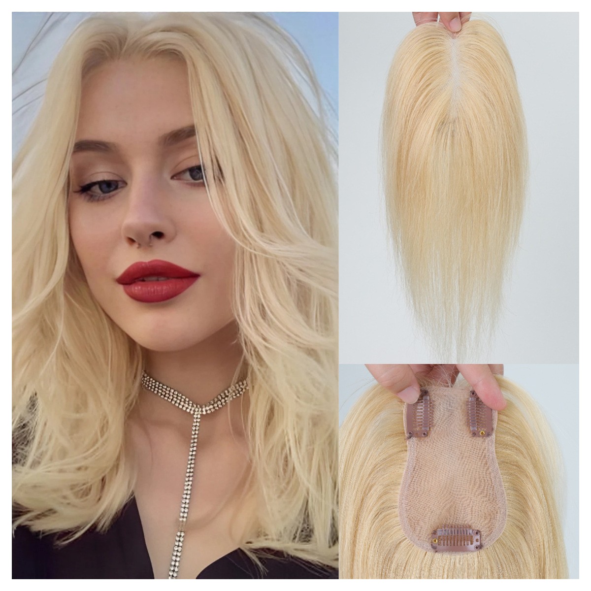 100% Human Hair Gold Blonde Breathable Hair Piece Replacement Head Top Toupee