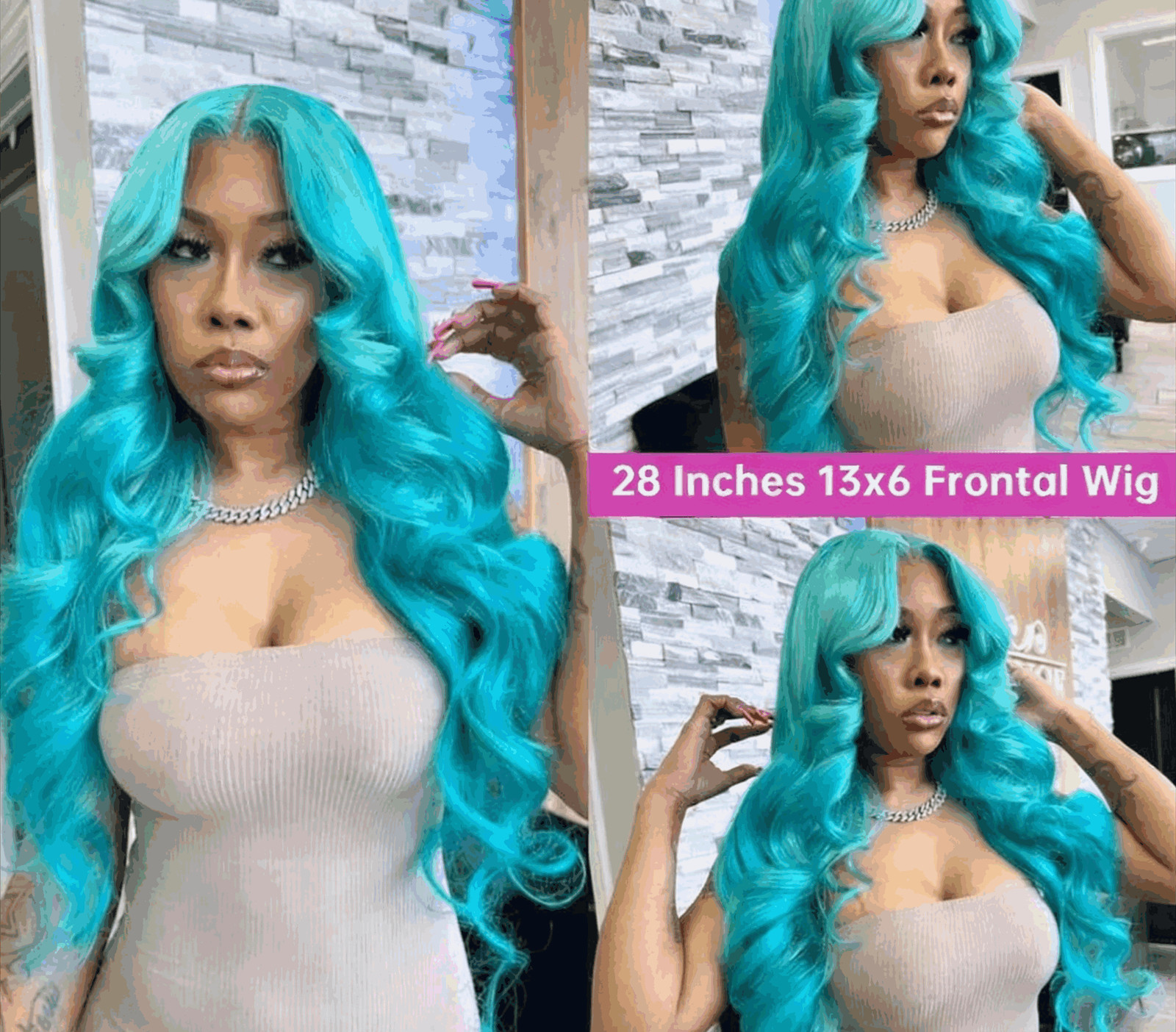 Cyan Blue Body Wave 13×6 Lace Front Wig Human Hair 613 Blonde Green Ombre WIg