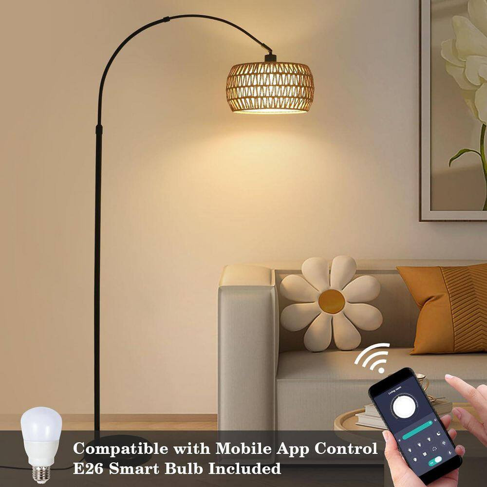 72 In. Brown & Black 1-Light Smart Arc Floor Lamp with Rattan & Fabric Double Dr