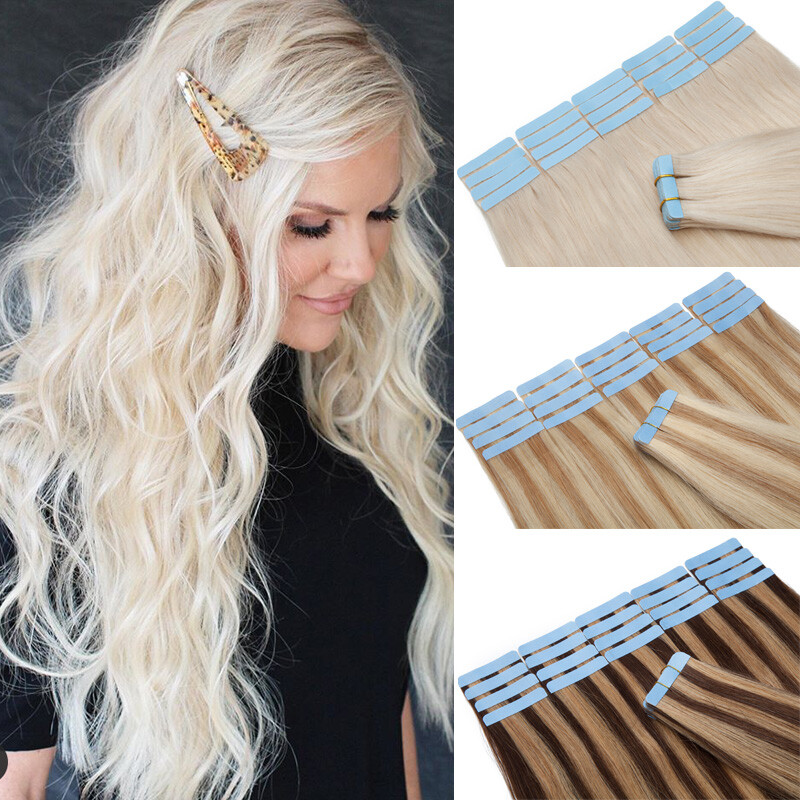 100g Remy Russian Thick Tape In Human Hair Extensions Full Head Skin Weft Blonde