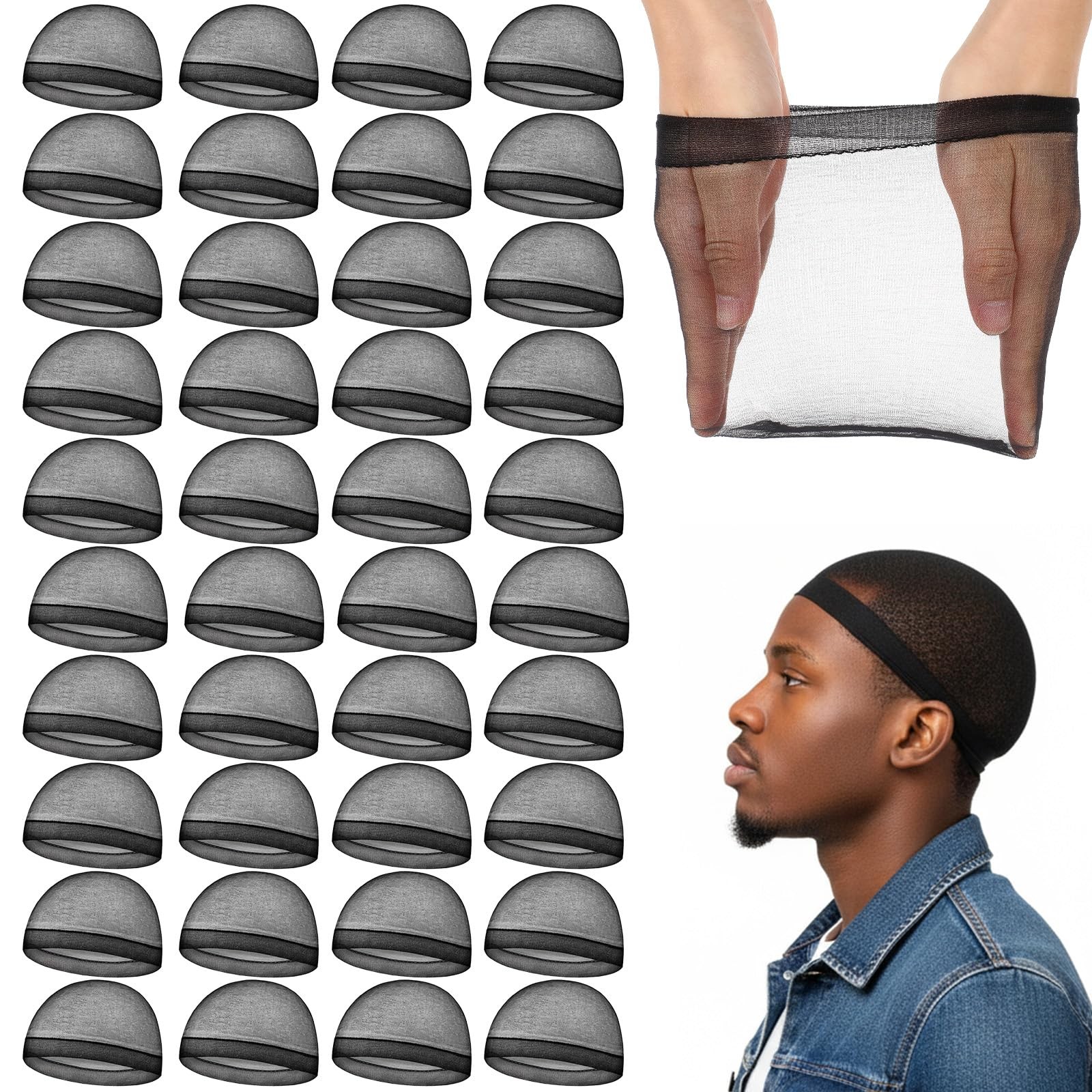 40 Pcs Stocking Wave Cap for Men Adult Stretchy Nylon 19.7 inch/50 cm, Black