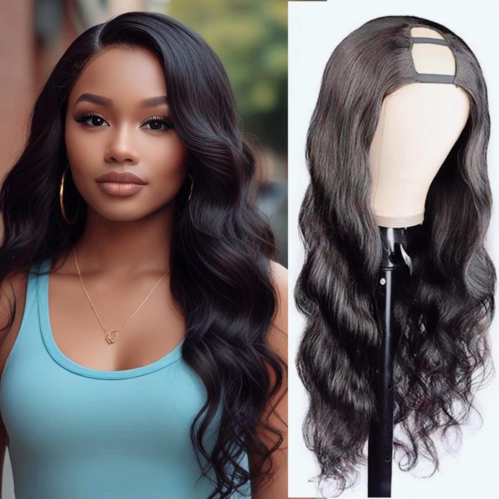 22″ U Part Human Hair Wig – Body Wave, 180% Density, Glueless Clip-In for Black