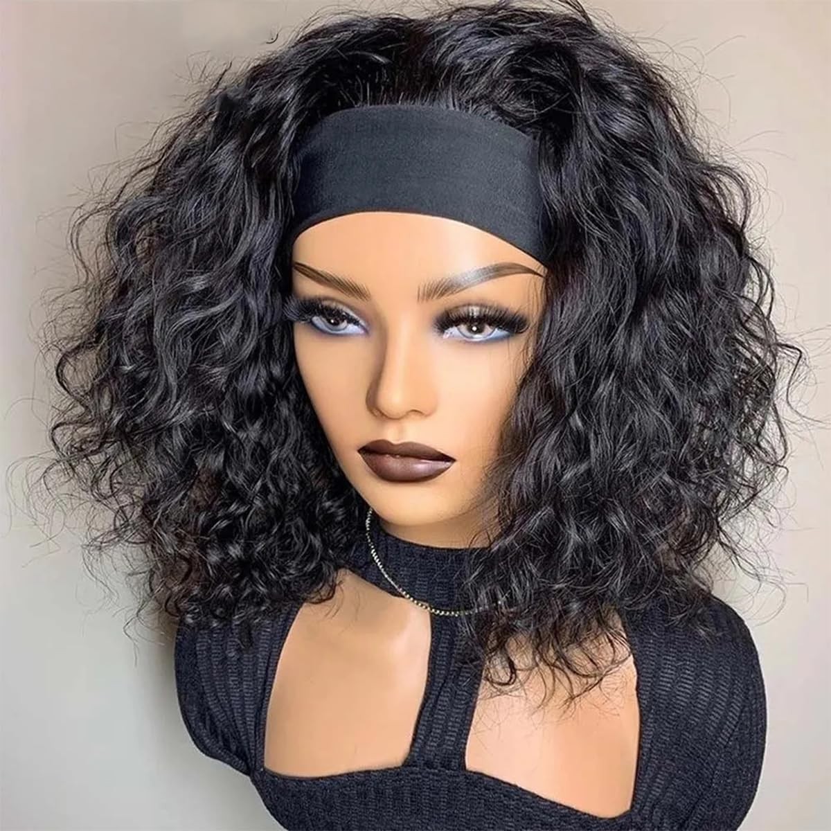 Water Wave Headband Human Hair 150% Density Afro Wigs for Black Natural Curls