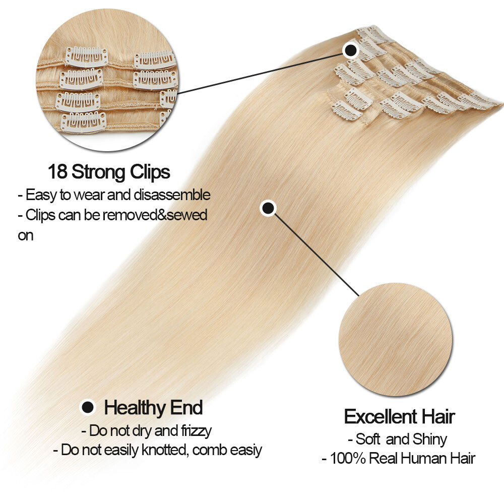 CLEARANCE 100% Human Hair Seamless Clip in Remy Hair Extensions Full Head 18″70g