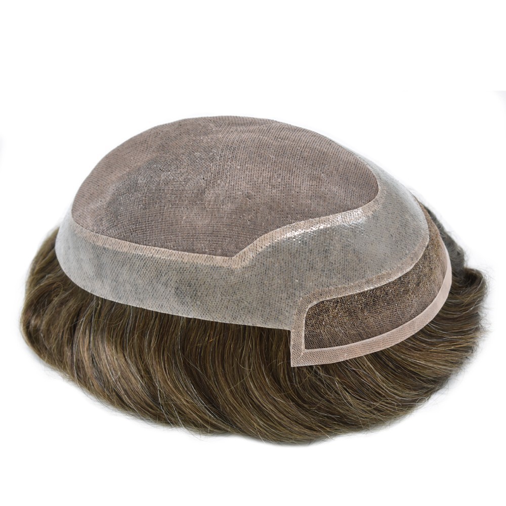 Mens Toupee French Lace Front Hair Piece System Fine Mono Poly Skin Wig for Men