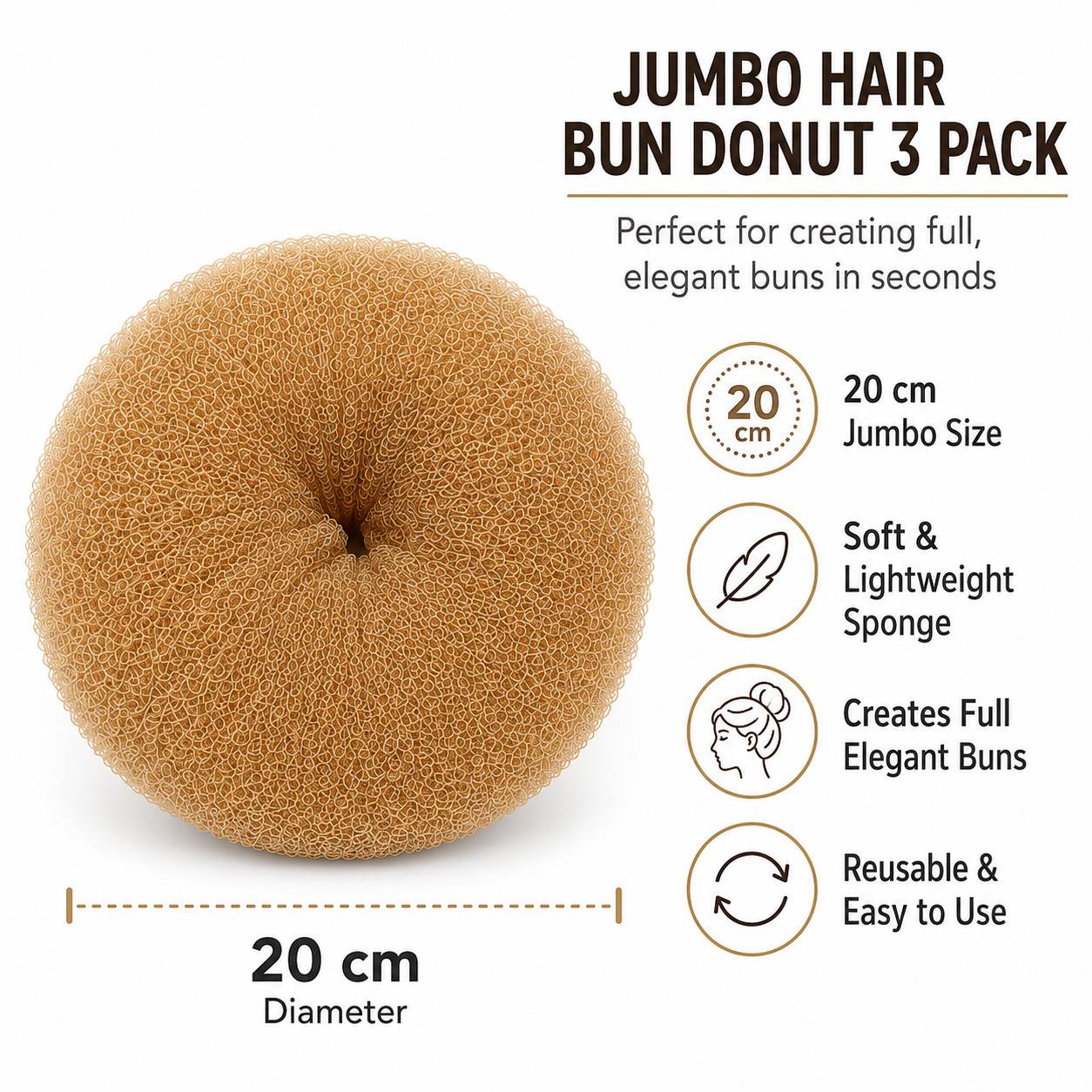 7 Inch Hair Donut Bun Maker 3 Pack Light Brown Jumbo Updo Shaper