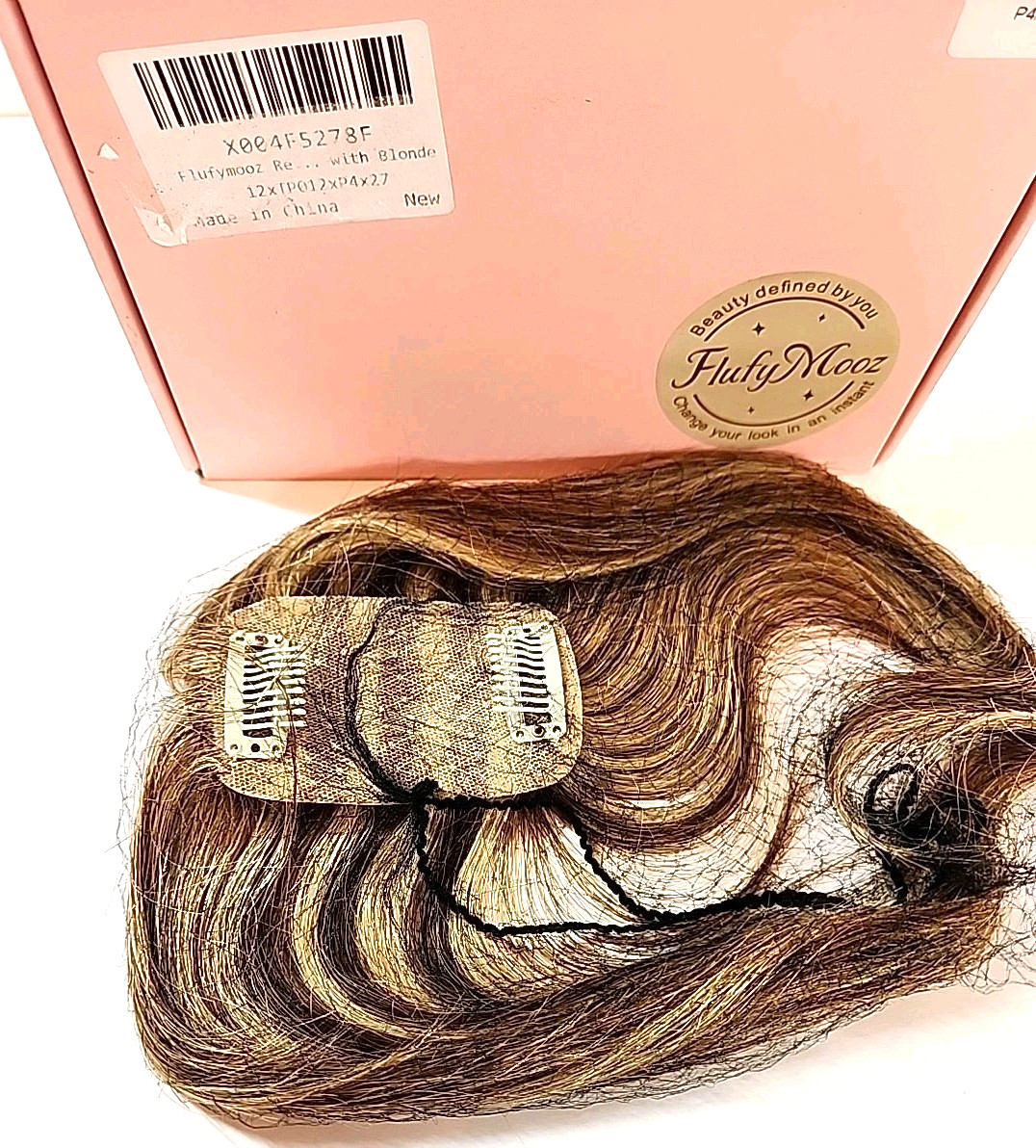 Flufymooz Human Hair Topper Wiglet w/ Bangs 10″ Clip In Med Brown & Blonde Mixed