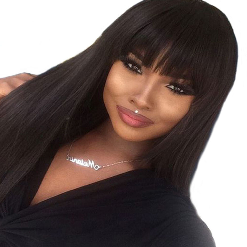 Heat Resistant Synthetic Hair None Lace Wigs Full Bangs Long Black Silk Straight