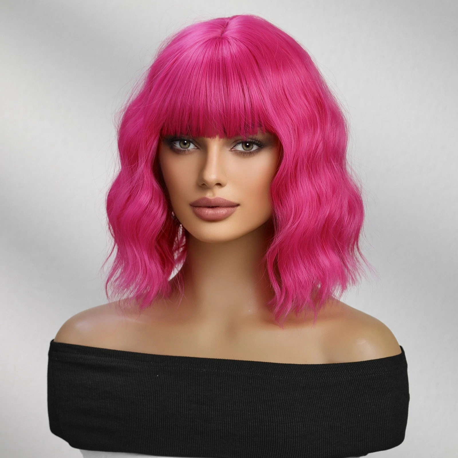 12″ Pink Short Wavy Wig with Bangs Women Curly Synthetic Hair Wig Fashion Daily