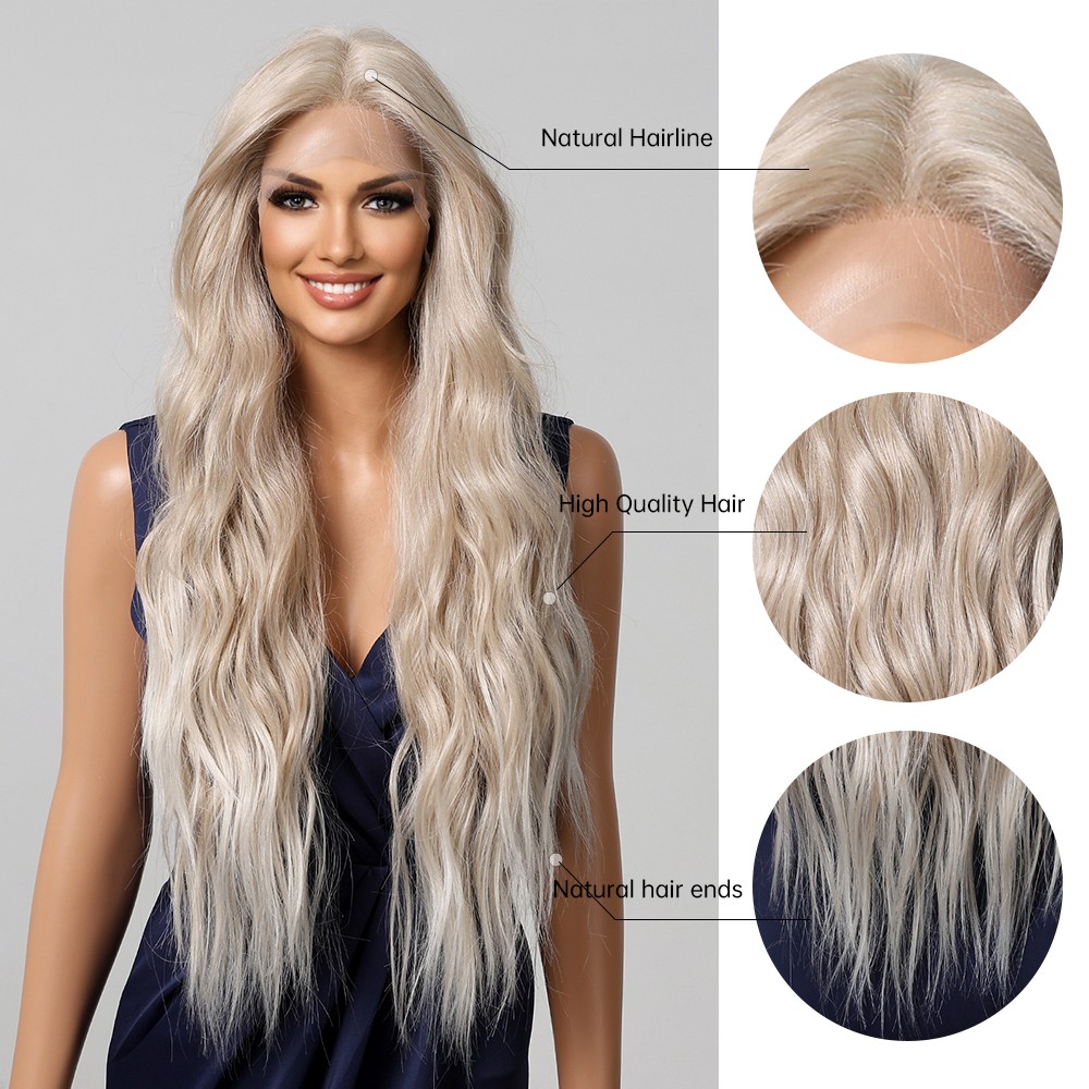Long Wavy Soft Bleach Blonde Heat Resistant Synthetic Hair Frontal T Lace Wigs