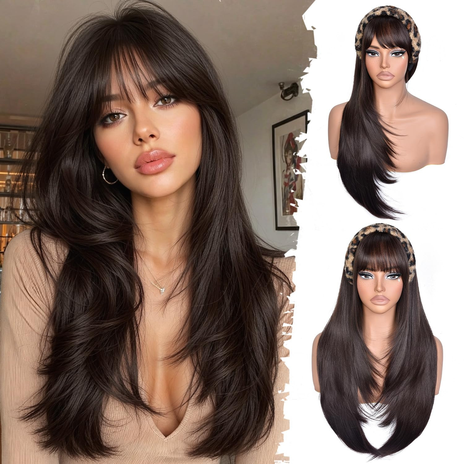 Long Layered Brown Wig with Bangs Straight Synthetic Wigs for Women 26 Inch | Be