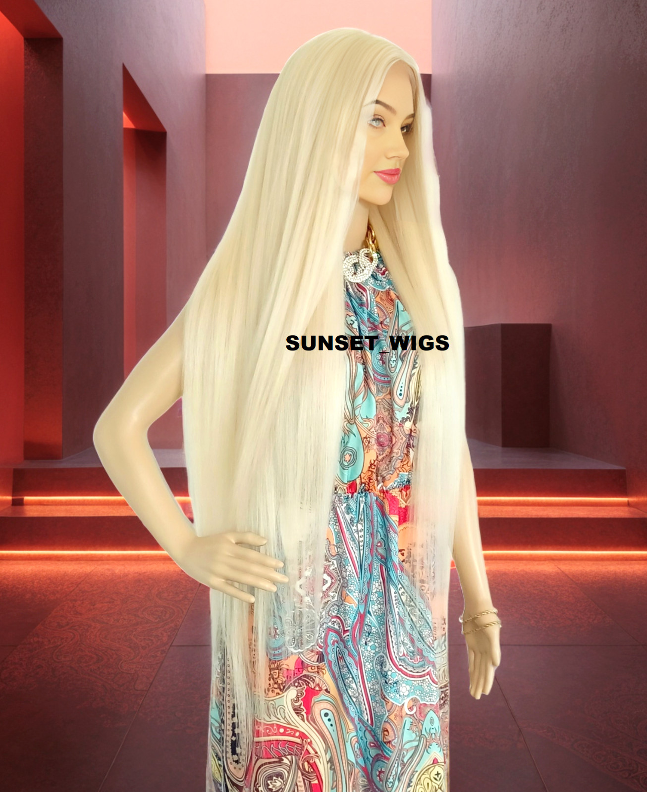 45″ LACE FRONT WIG EXTRA LONG STRAIGHT LAYERED MIDDLE PART BLEACH BLONDE HEAT OK