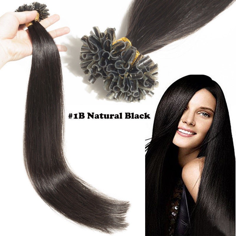Pre Bonded Keratin Fusion U Tip Real Human Hair Extensions Natural Black 18inch