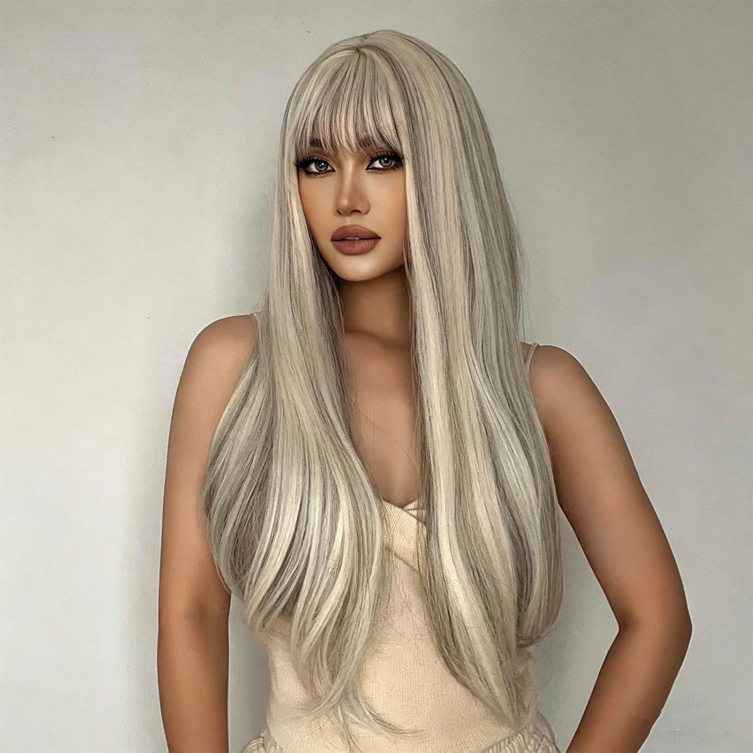 Wig with Bangs for Women, Brown Blonde Highlight Synthetic Wig, Medium Length