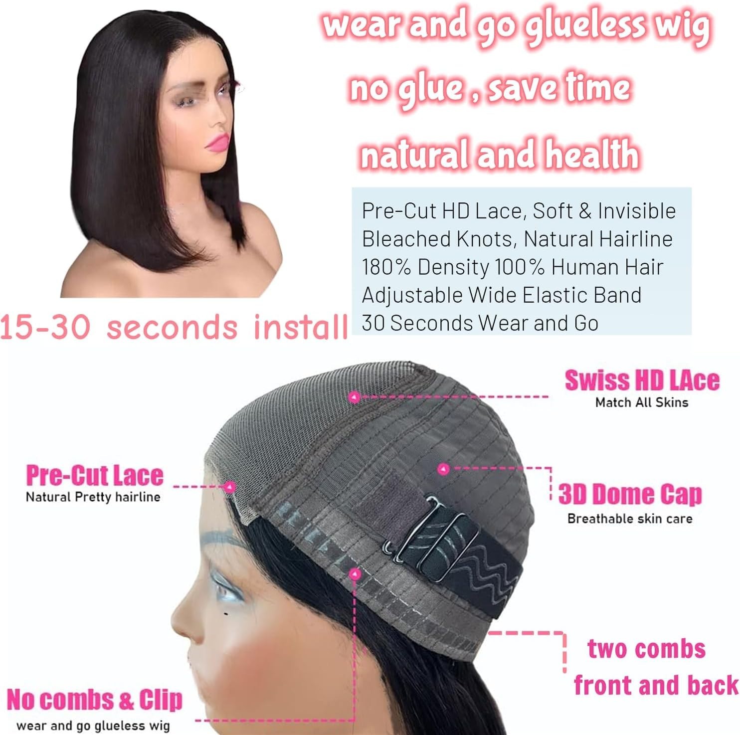 Wear and Go Glueless BobWig Human Hair Pre Plucked Pre Cut 4×4 Lace Wig Straight