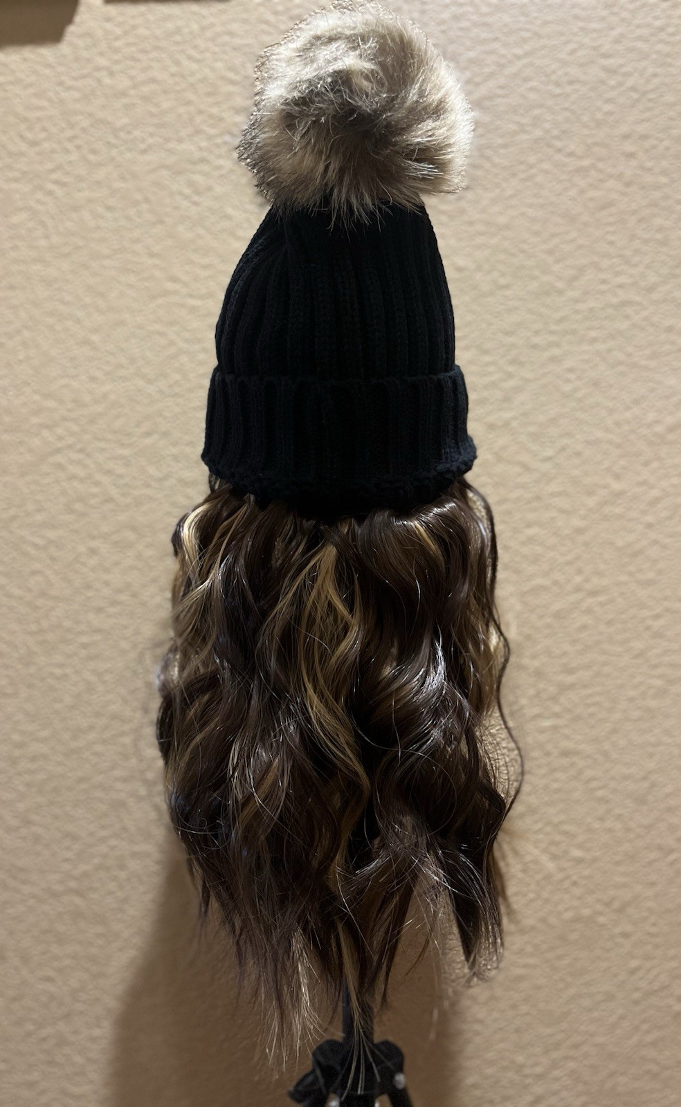 Dark Brown Highlighted Wavy Synthetic Beanie Wig | Detachable Faux Fur Pom Pom