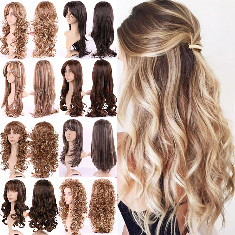 Women Ladies Brown Blonde Wig Long Hair Curly Straight Bangs Full Wigs Glueless