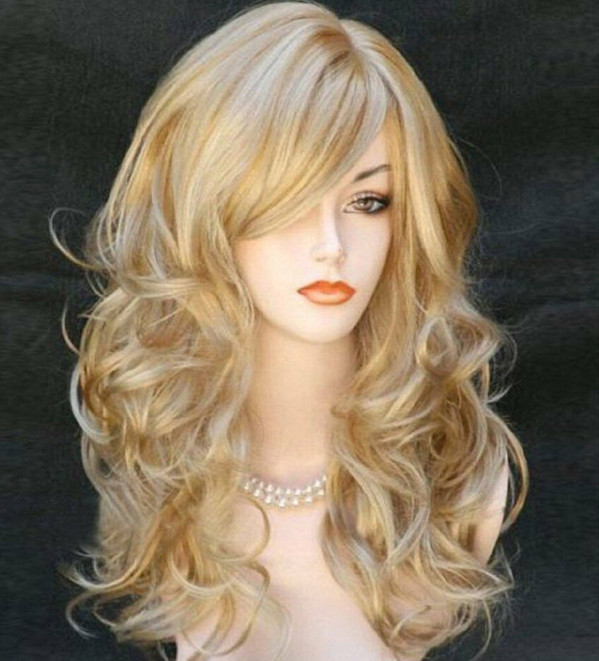 Womens Golden Blond Heat Resistant 23″ Long Curly Wavy Full Volume Hair Wig USA;