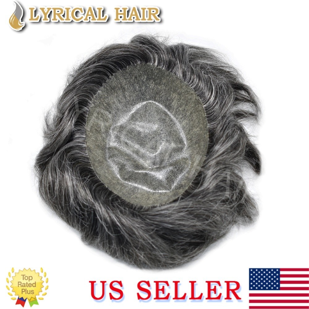 Mens Toupee All PU Human Hair Replacement System Grey Black Brown Hairpiece Wigs