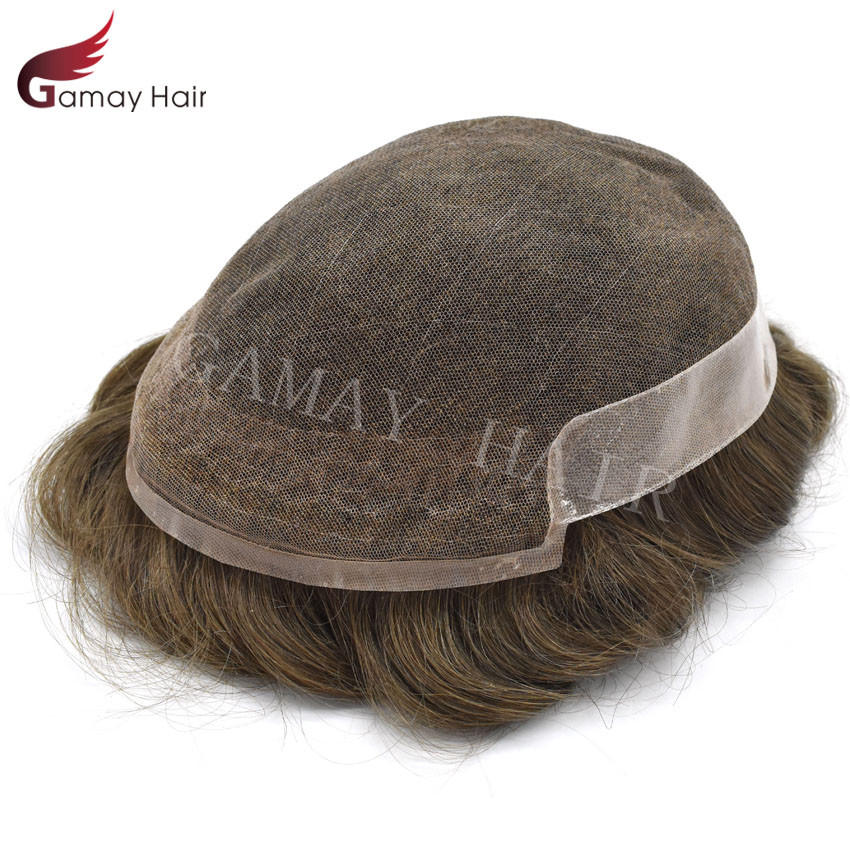 Mens Toupee French Lace Front Hairpiece Poly Skin PU Hair System Replacement Wig