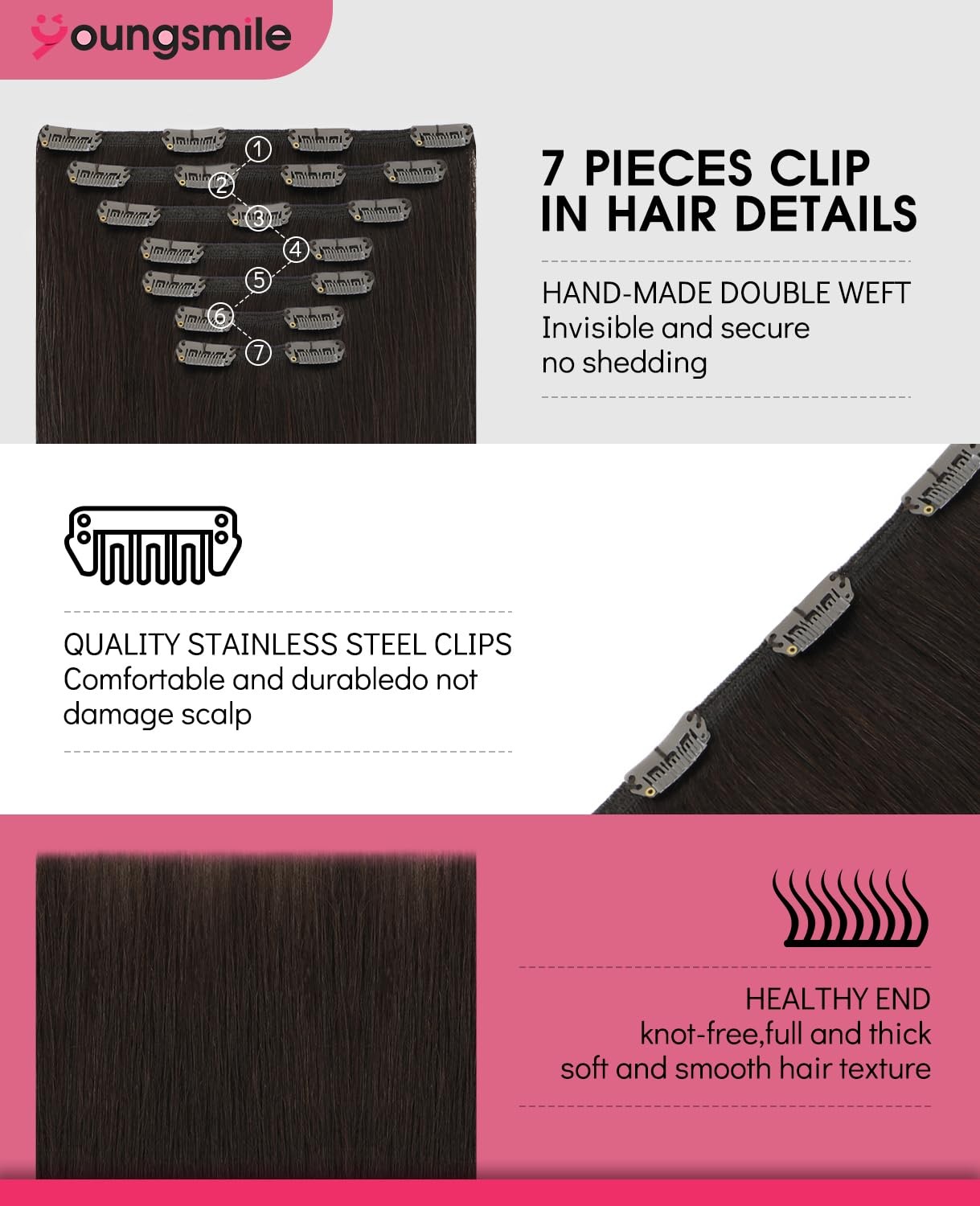 Youngsmile Clip In Hair Extensions Real Human Hair 14 Inch 7Pcs 140G Color 2