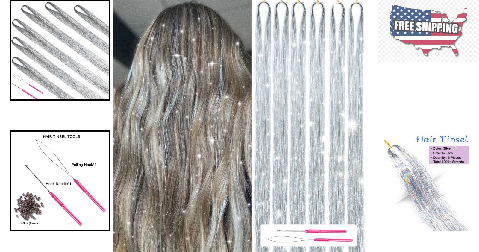 70s Inspired Sparkling Silver Hair Tinsel Kit – 1200 Strands for Fun Hair Styles