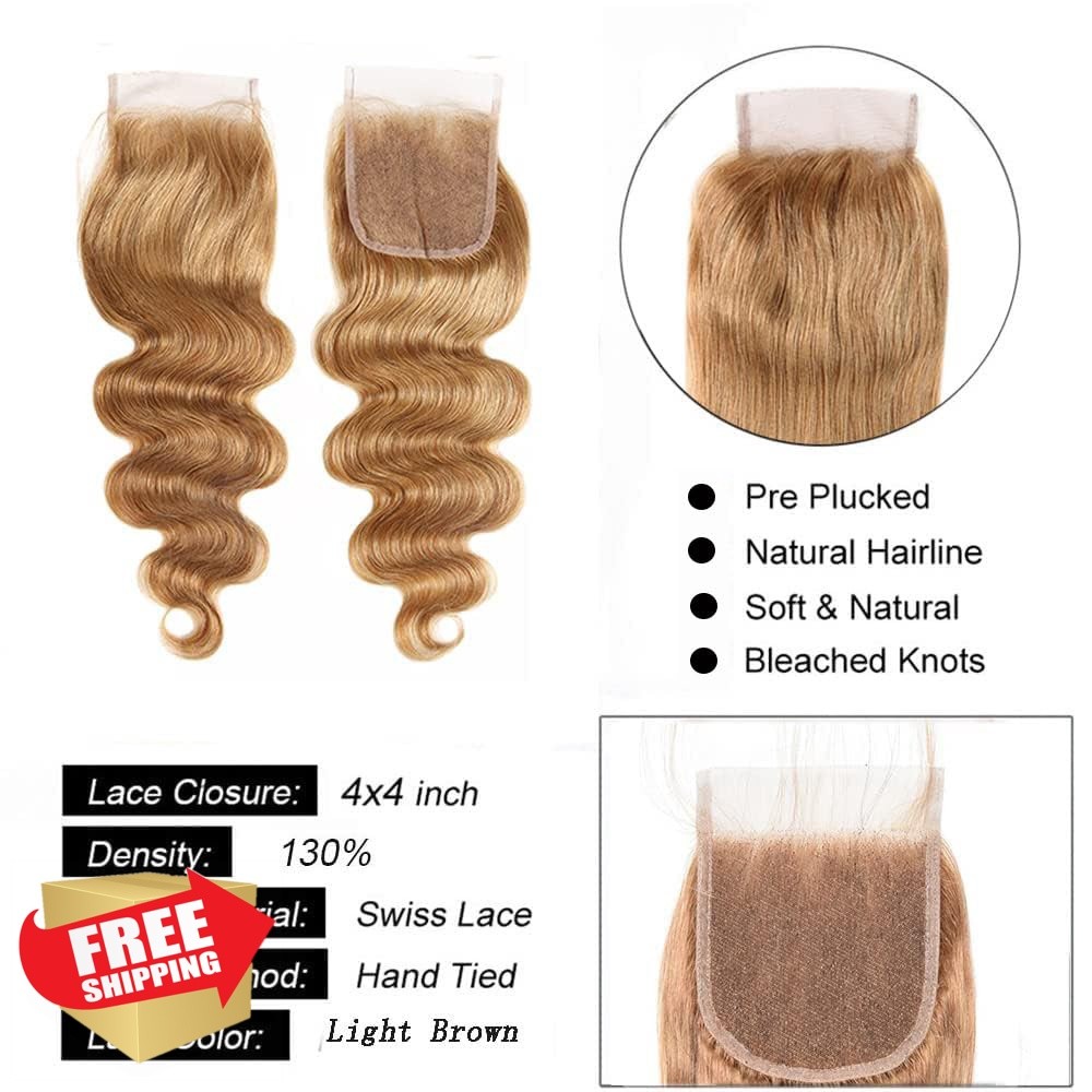 YiweYowe #27 Blonde Lace Closure 4×4 HD 18 Inch Brazilian Body Wave
