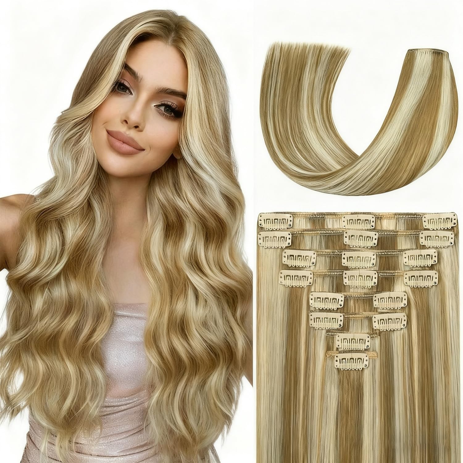 24″ Clip-In Hair Extensions, 120g Real Remy Human Hair, Light Blonde Highlights,