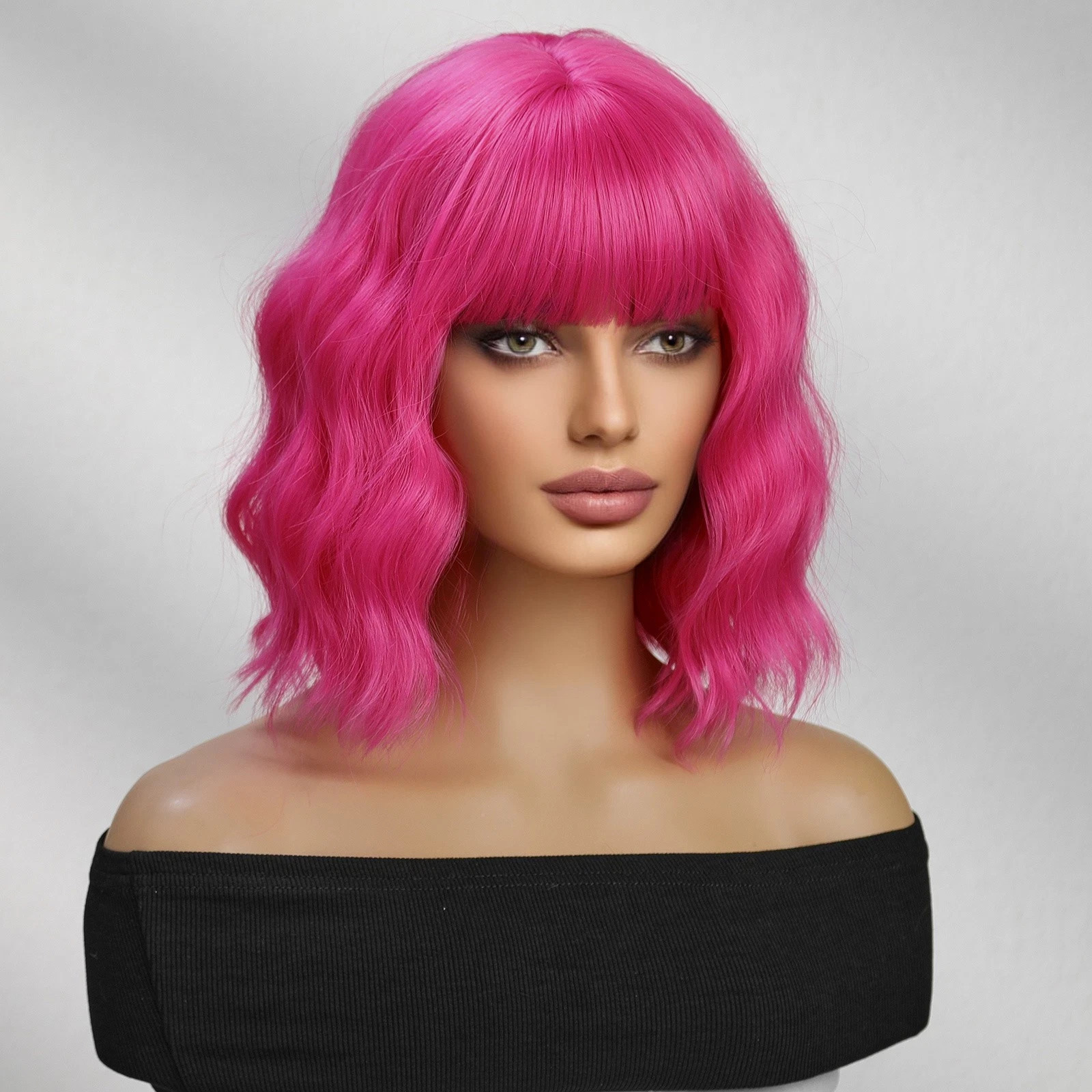12″ Pink Short Wavy Wig with Bangs Women Curly Synthetic Hair Wig Fashion Daily