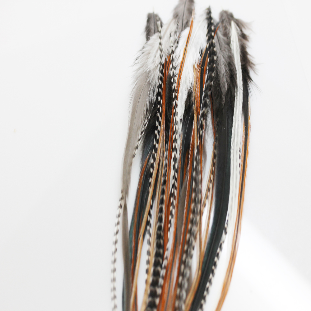 25 NATURAL LONG MIX WHITING GRIZZLY SADDLE FEATHER HAIR EXTENSIONs